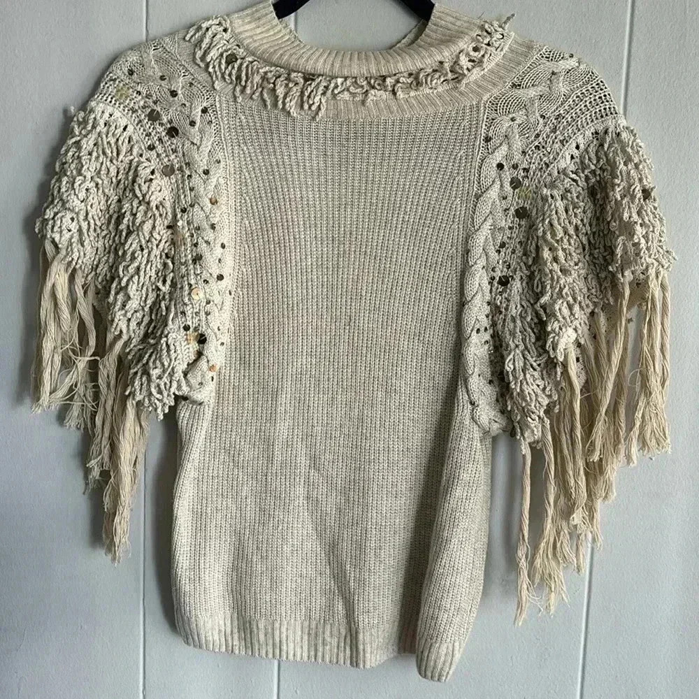 By Anthropologie  chunky fringe sequin sweater size S